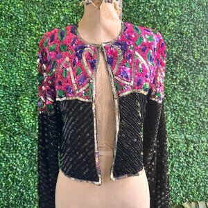 Womens Vintage Silk & Sequin Bolero Jacket 80s 90s Medium Party Time Club